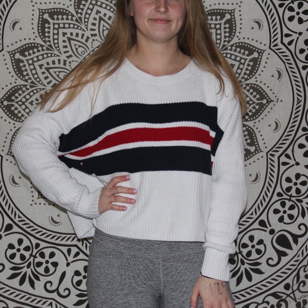 red, white and blue sweater
